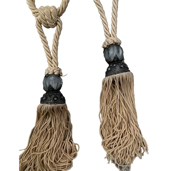 VTG Drapery Curtain Tie Backs Gold Twist Cord Rope Large Tassel Glass Set of 2 - Picture 7 of 10